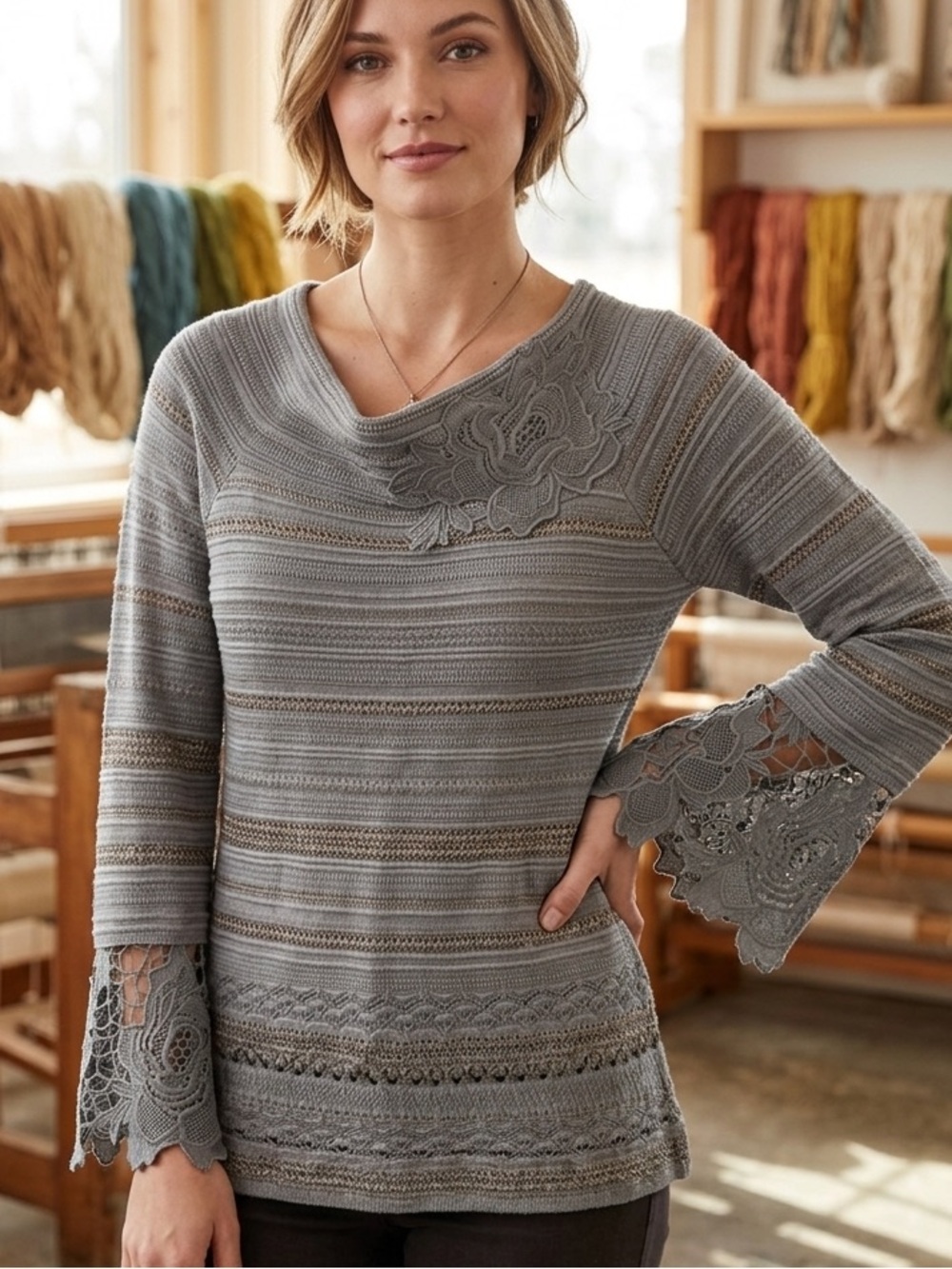 INC International Concepts Gray Knit Cowl-Neck Top with Lace Sleeves